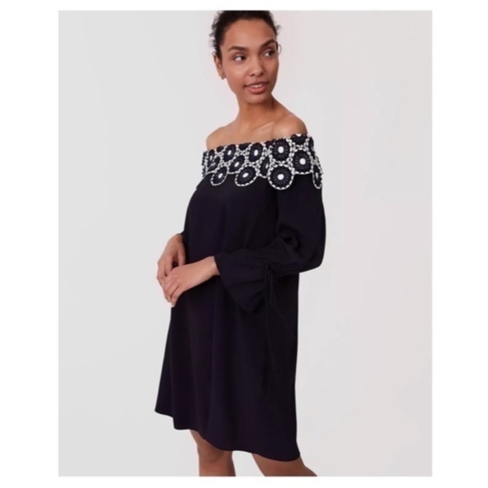 NWT Loft navy white crochet lace off shoulder dress SP X5
